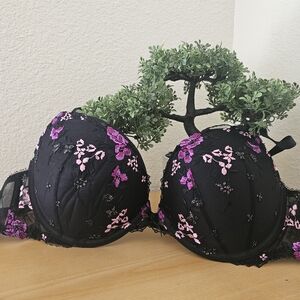 Victoria's Secret Black Bra with Purple Floral Embroidery